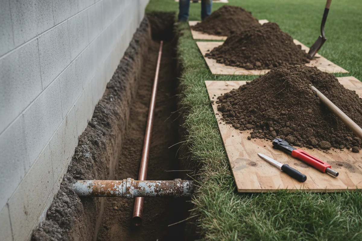Excavated water line trench during Water Heater Repair in Metairie